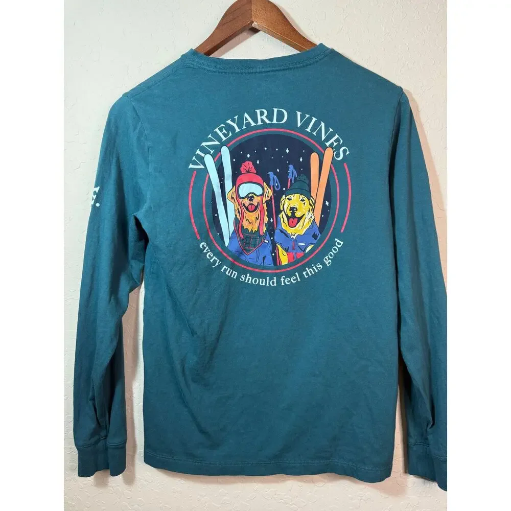 Vineyard Vines Boys' Ski Dogs Long-Sleeve Green Pocket Tee Size Large (16) - Picture 3 of 11